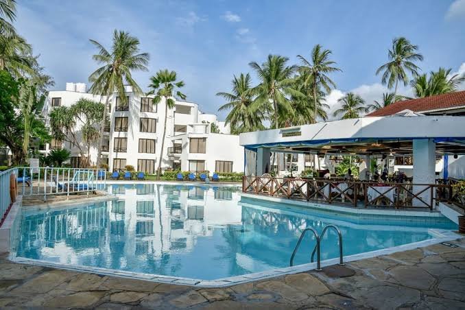 The pool and poolside restaurant
