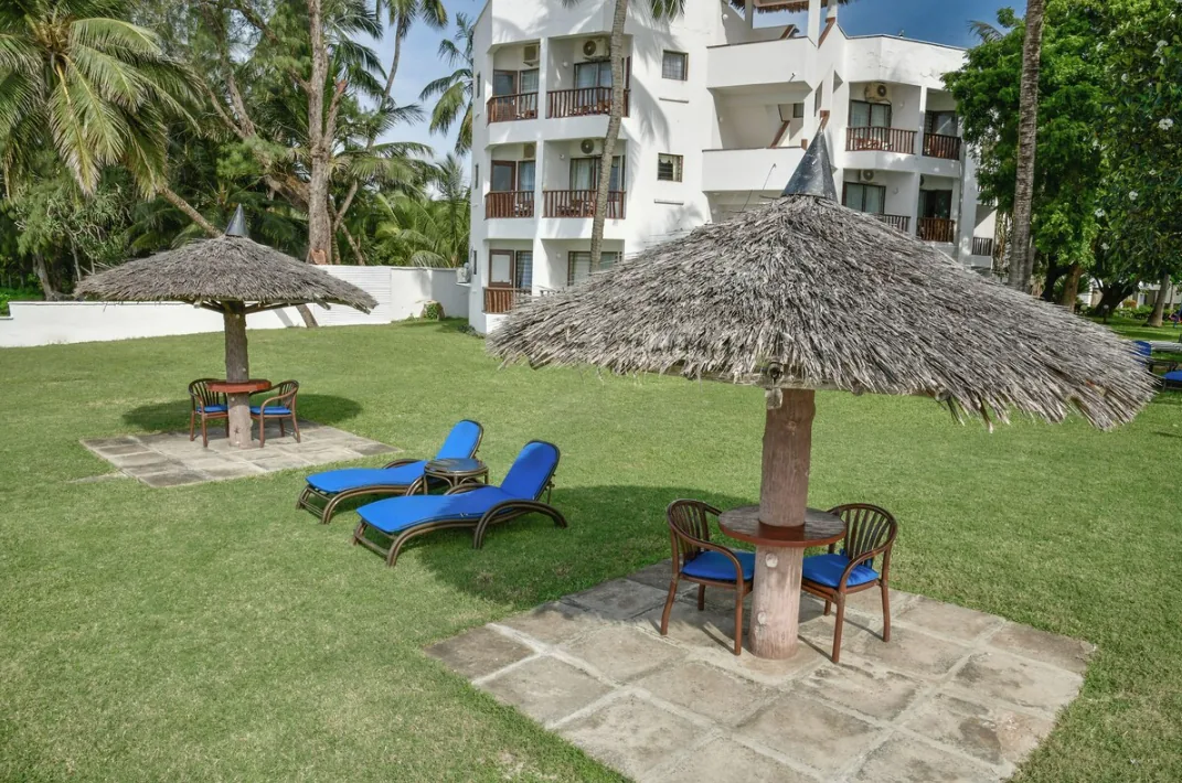 Beach-front lawn with umbrellas and loungers